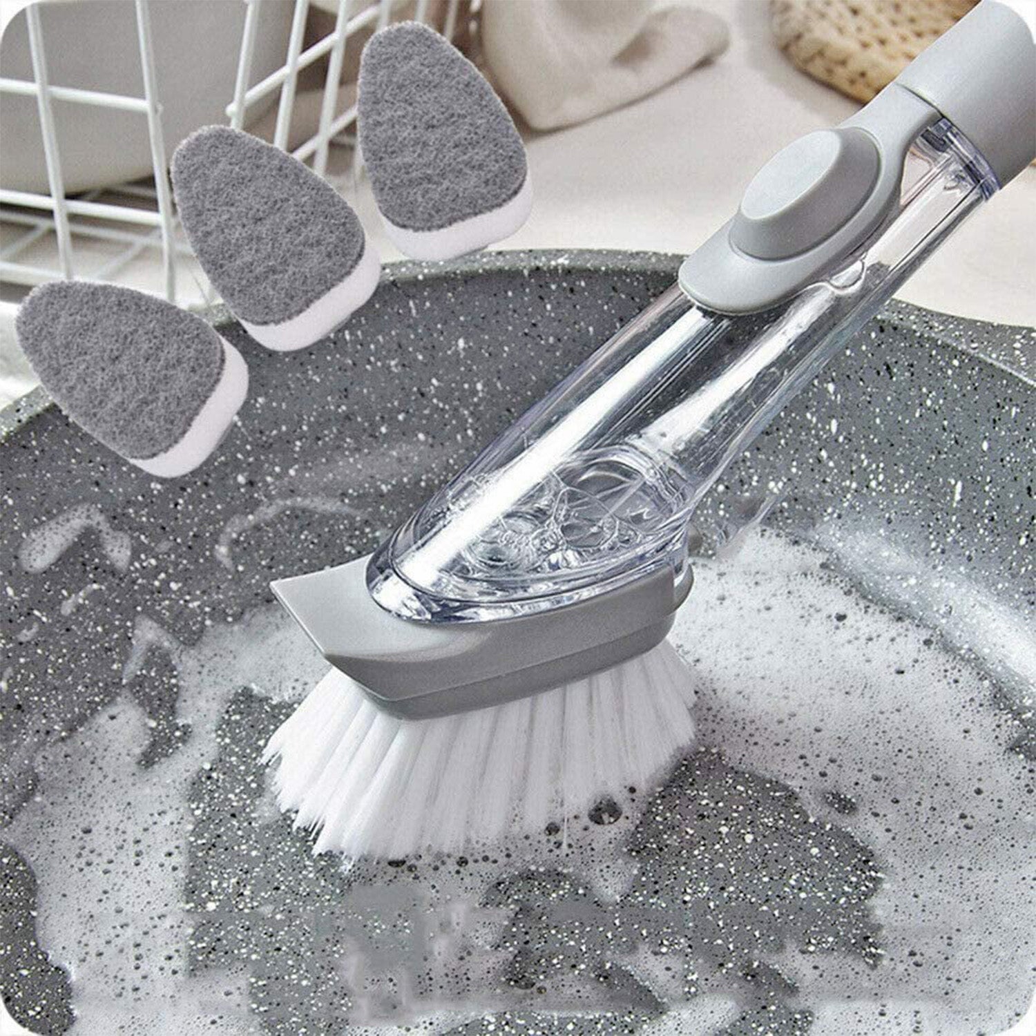 1271B Dish Scrubber with Soap Dispenser, Soap Dispensing Dish Brush Set, Dishwashing Brushes Kitchen Scrub Dish Wand for Dishes Sink Pot Pan Cleaning and Washing,1 Handle,3Refill Replacement Head 1271B Dish Scrubber with Soap Dispenser, Soap Dispensing Dish Brush Set, Dishwashing Brushes Kitchen Scrub Dish Wand for Dishes Sink Pot Pan Cleaning and Washing,1 Handle,3Refill Replacement Head